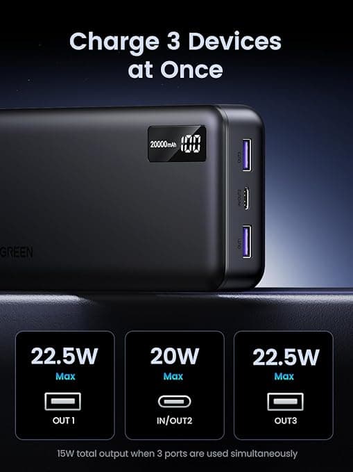POWER BANK Ugreen "PB312", 20000mAh, 22.5W, 1 x USB Type-C input, 1 x USB Type-C output, 2 x USB output, gri, "25683" - 6941876226832 — miniatură