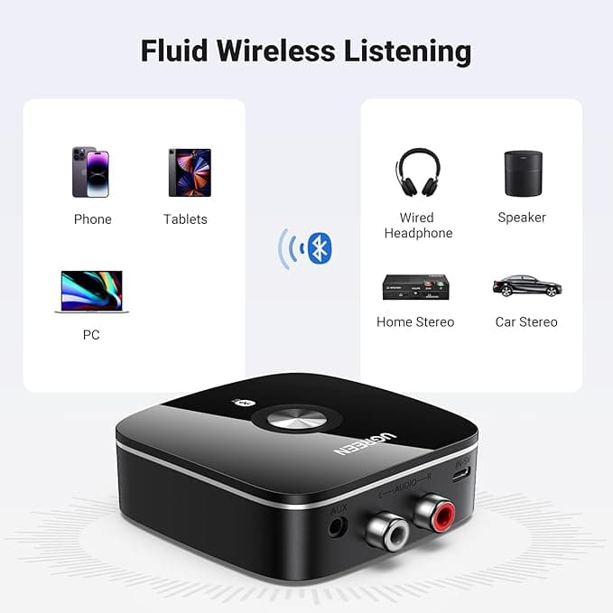 ADAPTOR Bluetooth audio Ugreen, "CM106" acumulator inclus, 1 x jack 3.5mm, 2xRCA output,convertor audio wireless,versiune bluetooth 5.1 si EDR,negru "40759P" — miniatură