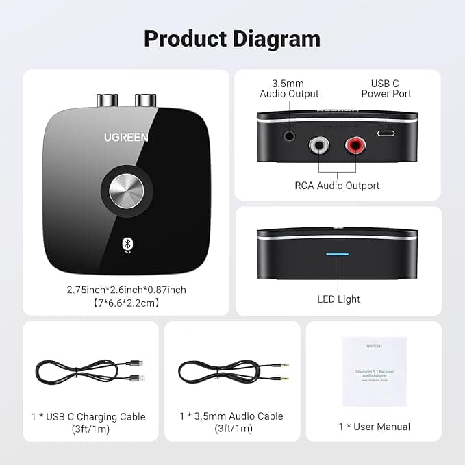ADAPTOR Bluetooth audio Ugreen, "CM106" acumulator inclus, 1 x jack 3.5mm, 2xRCA output,convertor audio wireless,versiune bluetooth 5.1 si EDR,negru "40759P" — miniatură