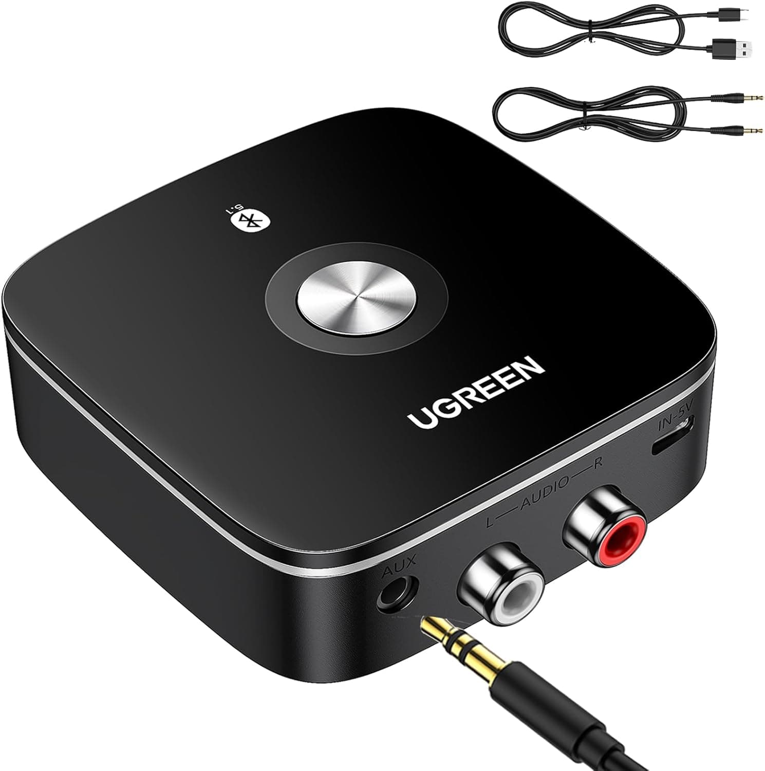 ADAPTOR Bluetooth audio Ugreen, "CM106" acumulator inclus, 1 x jack 3.5mm, 2xRCA output,convertor audio wireless,versiune bluetooth 5.1 si EDR,negru "40759P" — miniatură