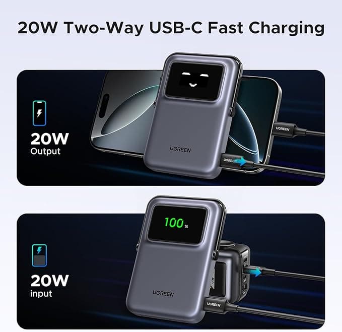 POWER BANK Ugreen "PB764", 10000mAh, 20W, prindere magnetica, wireless charging: Qi 2 15W max, 1 x USB Type-C input/output, gri "45329" — miniatură