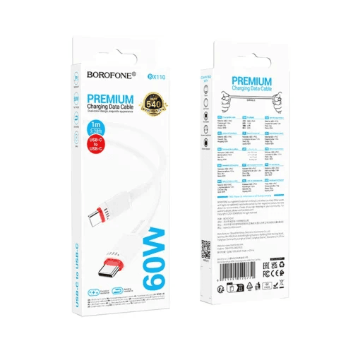 CABLU alimentare si date Borofone "BX110", Fast Charging Data Cable pt. smartphone, USB Type-C la USB Type-C, 60W, 1m, alb "6941991120770" — miniatură
