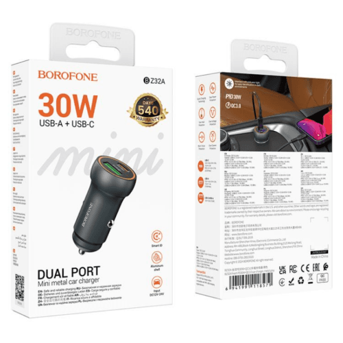 INCARCATOR auto Borofone "BZ34B", pt. bricheta auto, 1 x USB max.18W, 1 x USB Type-C max 30W, putere totala 30W, include cablu USB Type-C la Iphone Lightning de 1m, negru "6941991122392" — miniatură