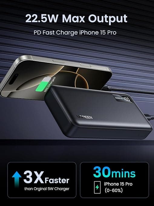 POWER BANK Ugreen "PB312", 20000mAh, 22.5W, 1 x USB Type-C input, 1 x USB Type-C output, 2 x USB output, gri, "25683" - 6941876226832 — miniatură