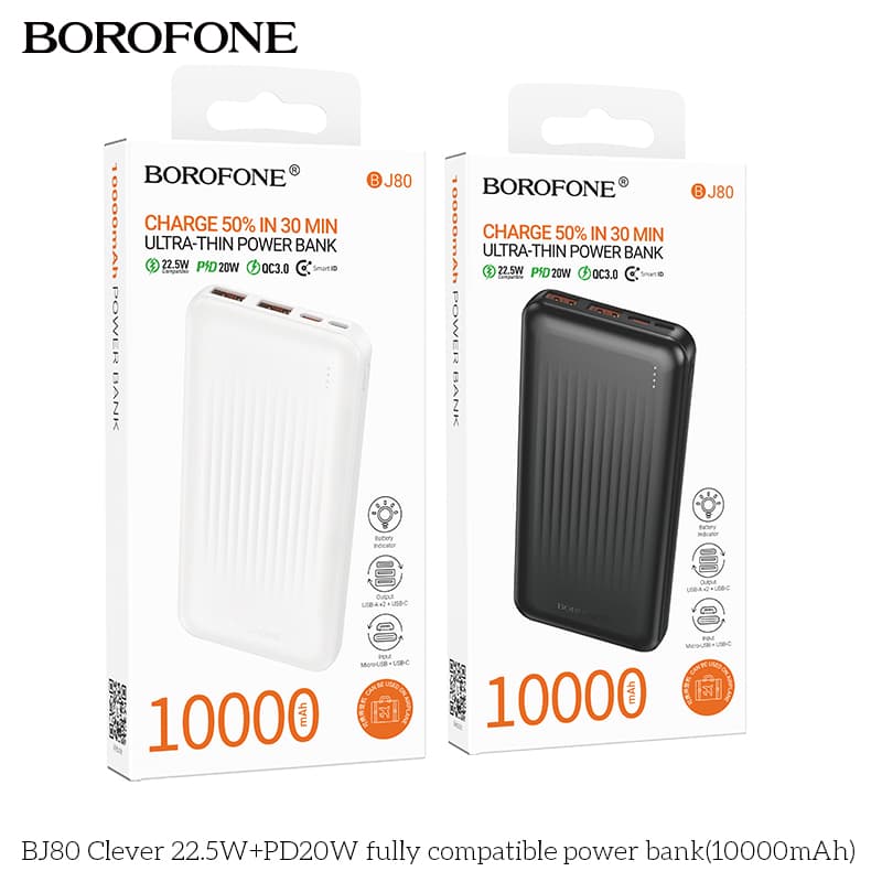 POWER BANK Borofone "BJ80", 10000mAh, 22.5W, 2 x USB; 1 x USB Type-C, 1 x Micro USB, total 5V/2A, negru "6941991121593"