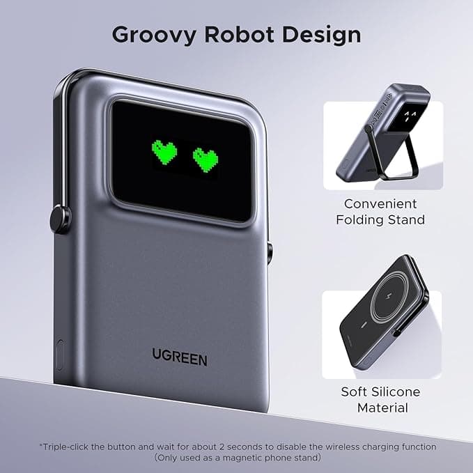 POWER BANK Ugreen "PB764", 10000mAh, 20W, prindere magnetica, wireless charging: Qi 2 15W max, 1 x USB Type-C input/output, gri "45329" — miniatură