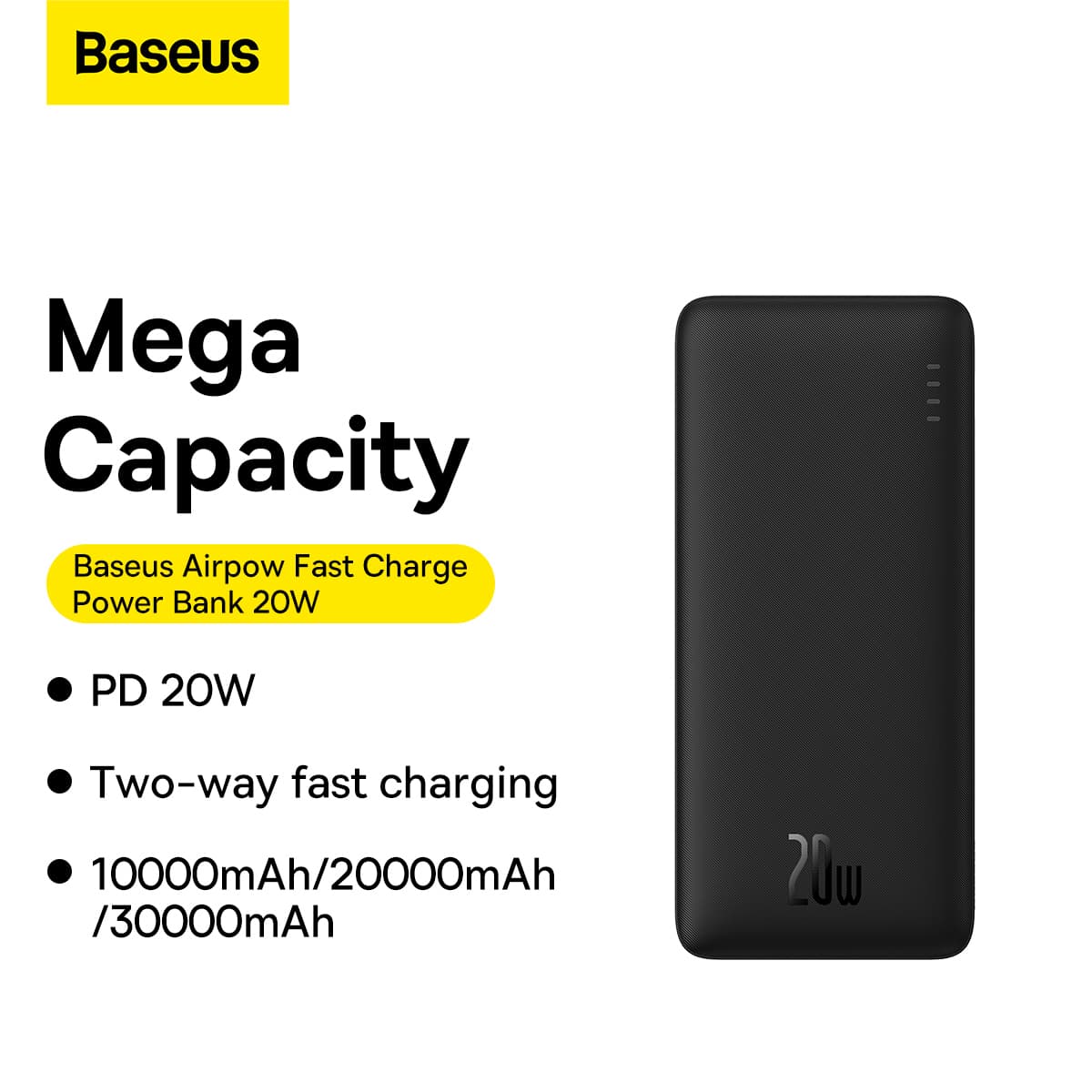 POWER BANK Baseus Airpow, capacitate 30000mAh, 20W, 2 x USB Type-C, 1 x USB, total 5V/3A, include cablu USB la USB Type-C de 30 cm, negru, "PPQD090101" - 6932172627942 — miniatură