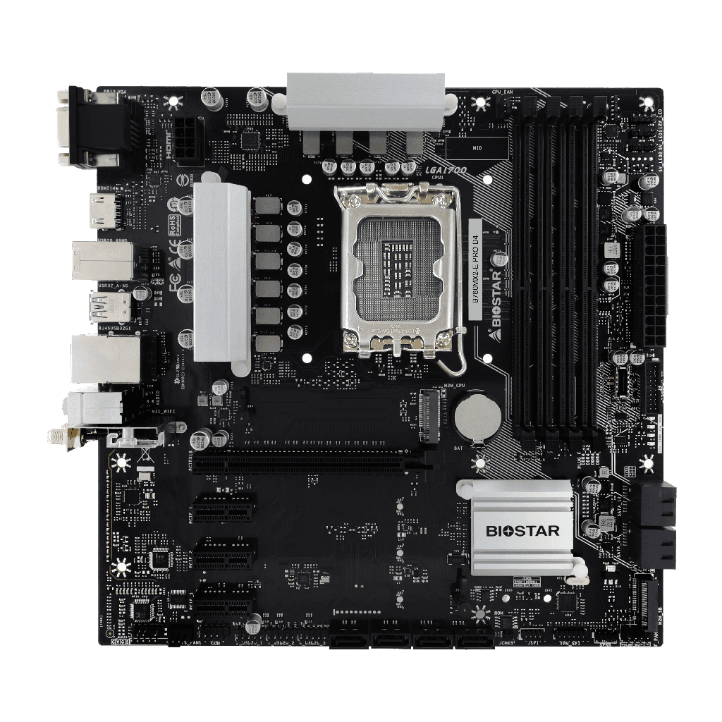 Placa de baza Biostar "B760MX2E PRO D4", skt. LGA 1700, chipset Intel B760, mATX, 4 x DDR4 max. 128 GB, USB 3.2 gen 2, 8 x SATA, 2 x M.2, PCIe 4.0, HDMI, VGA, DisplayPOrt, "B760MX2-E PRO D4" — miniatură