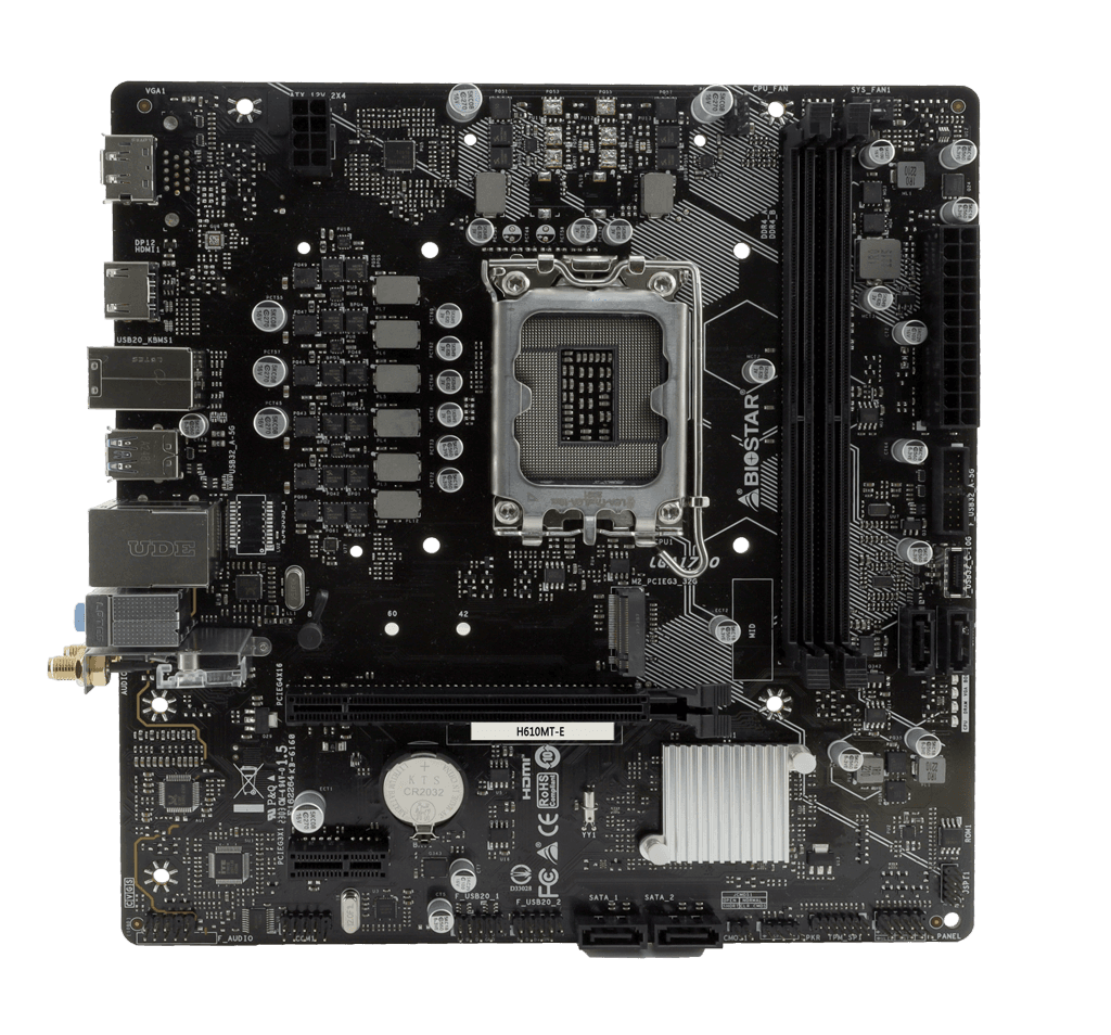 Placa de baza Biostar "H610MT-E", skt. LGA 1700, chipset Intel H610, mATX, 2 x DDR4 max 64 GB, USB 3.2 gen1, 4 x SATA, 1 x M.2, PCIe 4.0, HDMI, VGA, "H610MT-E"