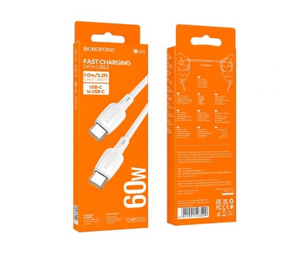 CABLU alimentare si date Borofone "BX93", Charging Data Cable pt. smartphone, USB Type-C la USB Type-C, 60W 3A, 1m, alb "6941991103209" — miniatură