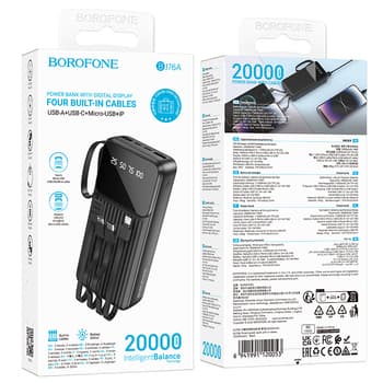 POWER BANK Borofone "BJ76A", 20000mAh, 15W, 2 x USB; 1 x USB Type-C, include cablu : USB Type-C, Iphone Lightning, microUSB si USB-A total 5V/2A, negru "6941991120053" — miniatură