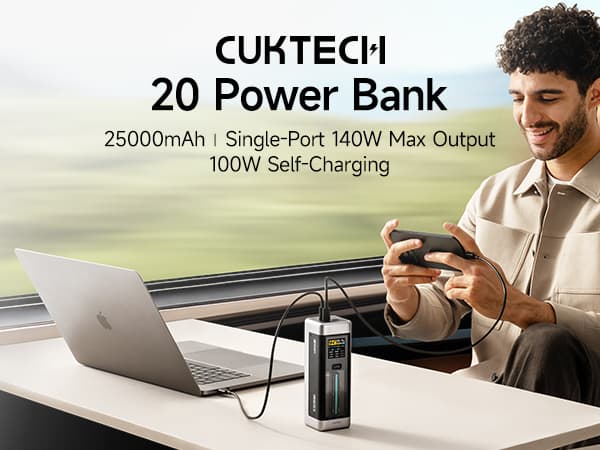 POWER BANK Cuktech P+ Series 2C1A, 25000mAh, PD 3.1, 210W, 1 x USB; 2 x USB Type-C, digital display pt. status baterie, negru, "CUK00P23GLBK" — miniatură