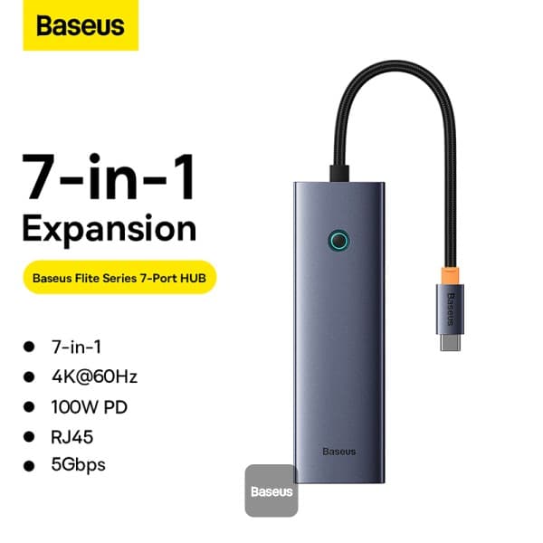 DOCKING STATION Baseus UltraJoy 7 in 1, input USB Type-C, output HDMI4K@60Hz x 1, USB3.0 x 2, PD x 1, card reader SD/micro SD x 1, RJ45 x 1, gri "B00052805813-00" - 6932172630744 — miniatură
