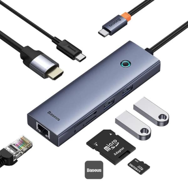 DOCKING STATION Baseus UltraJoy 7 in 1, input USB Type-C, output HDMI4K@60Hz x 1, USB3.0 x 2, PD x 1, card reader SD/micro SD x 1, RJ45 x 1, gri "B00052805813-00" - 6932172630744