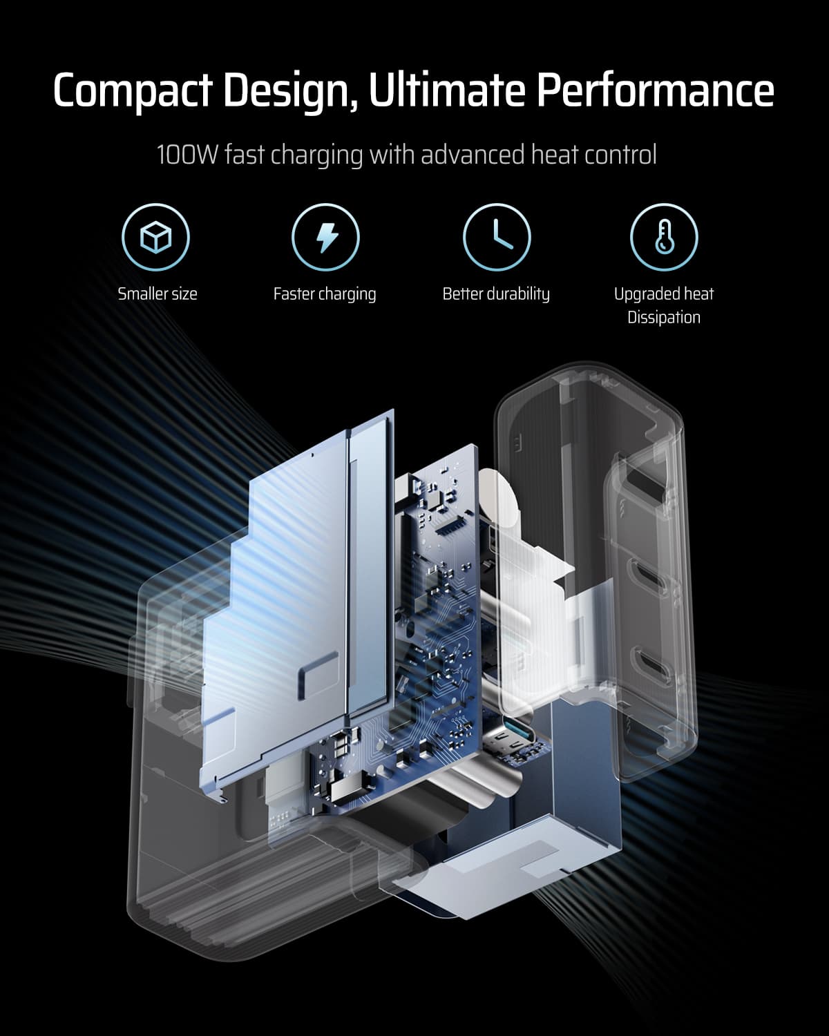 INCARCATOR retea Cuktech 2C1A Quick Charge 100W, 2 x USB Type-C Output, 1 x USB Output, include cablu USB Type-C la USB Type-C 1m, gri "CUKAD1003EUG" — miniatură