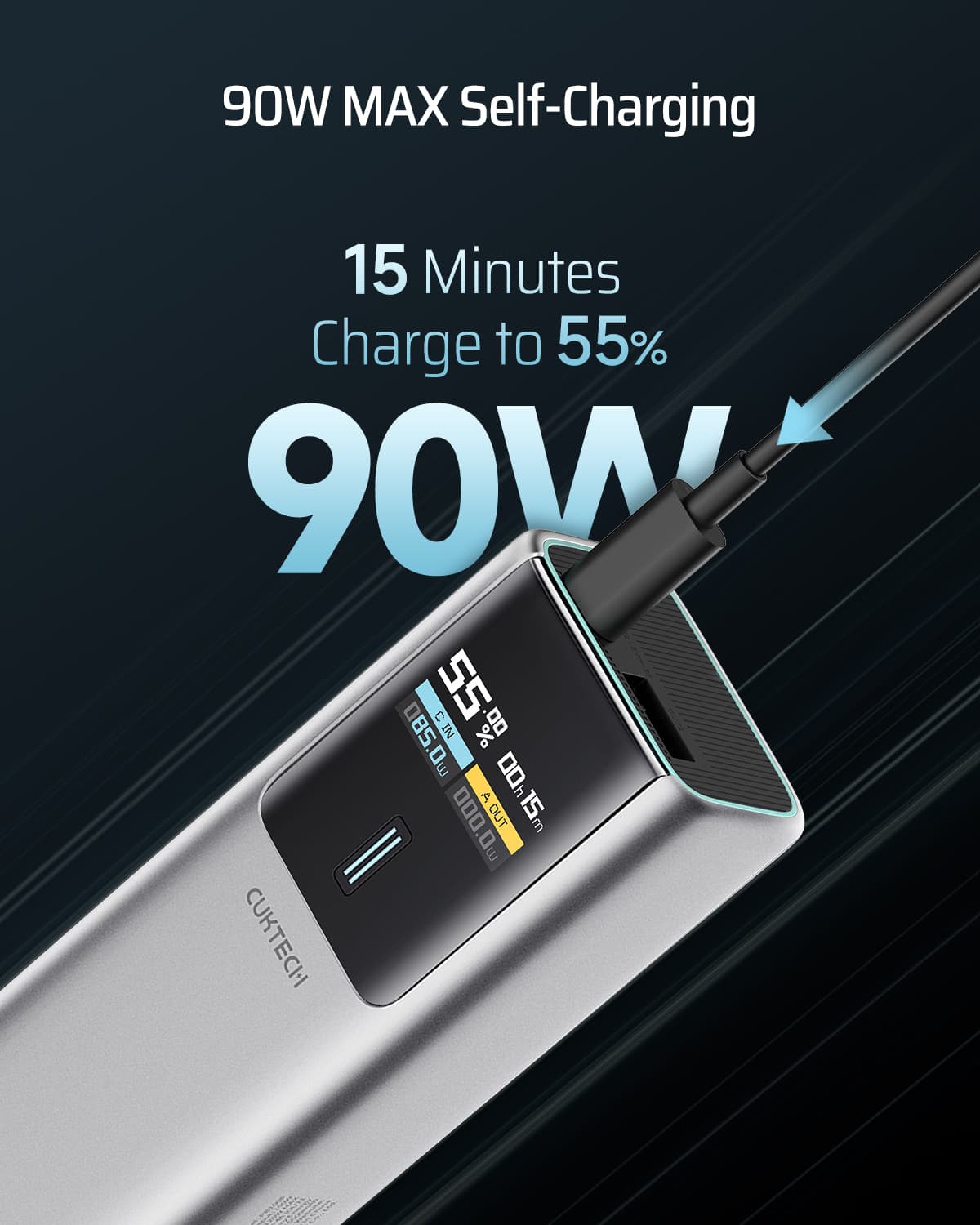 POWER BANK Cuktech P+ Series 1C1A, 10000mAh, 150W, 1 x USB; 1 x USB Type-C, digital display pt. status baterie, gri "CKPB100PGLBK" — miniatură