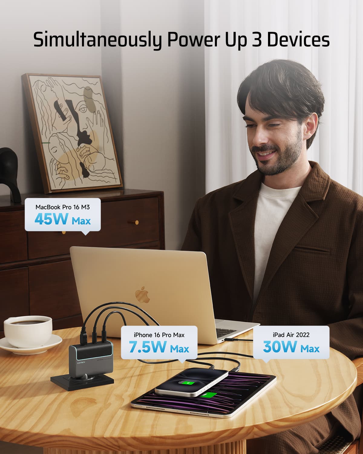 INCARCATOR retea Cuktech 2C1A Quick Charge 100W, 2 x USB Type-C Output, 1 x USB Output, include cablu USB Type-C la USB Type-C 1m, gri "CUKAD1003EUG" — miniatură
