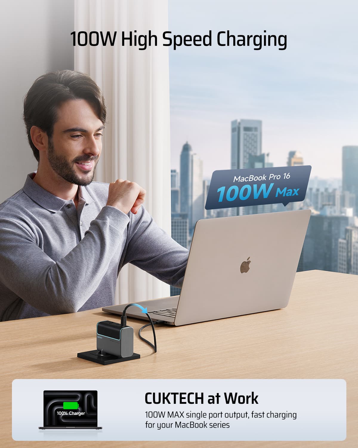 INCARCATOR retea Cuktech 2C1A Quick Charge 100W, 2 x USB Type-C Output, 1 x USB Output, include cablu USB Type-C la USB Type-C 1m, gri "CUKAD1003EUG" — miniatură
