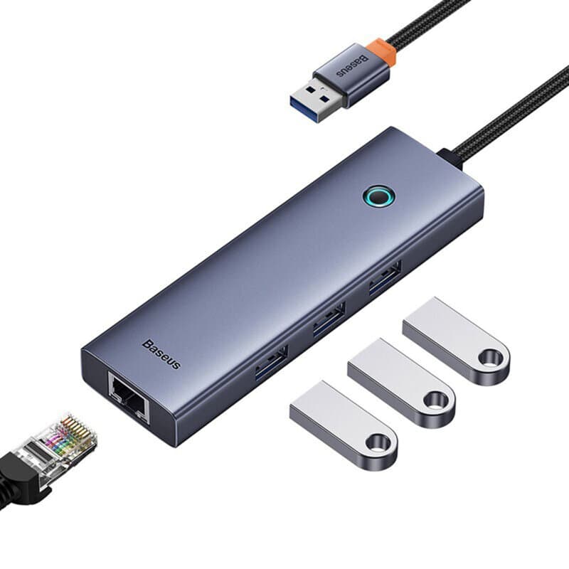 DOCKING STATION Baseus UltraJoy 4 in 1, input USB, output RJ-45 x 1, USB3.0 x 3, gri "B0005280A813-01" - 6932172630805 — miniatură