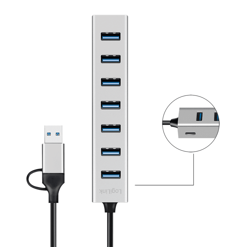 HUB extern LOGILINK, porturi USB: USB 3.0 x 7, conectare prin USB-C 3.0, adaptor conectare USB-A, metal, argintiu, "UA0441" — miniatură