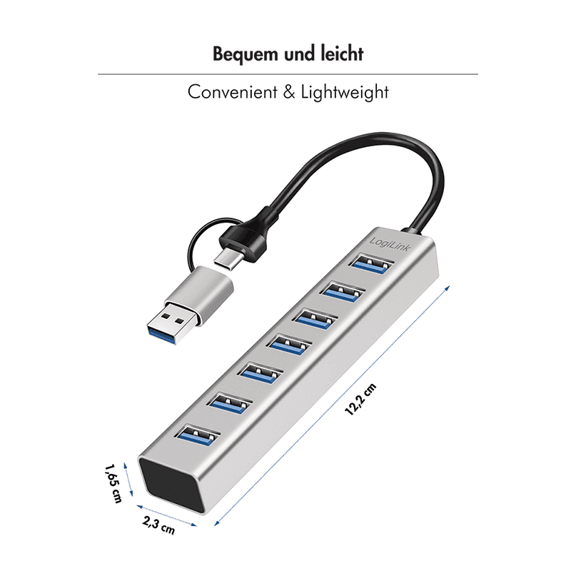 HUB extern LOGILINK, porturi USB: USB 3.0 x 7, conectare prin USB-C 3.0, adaptor conectare USB-A, metal, argintiu, "UA0441" — miniatură