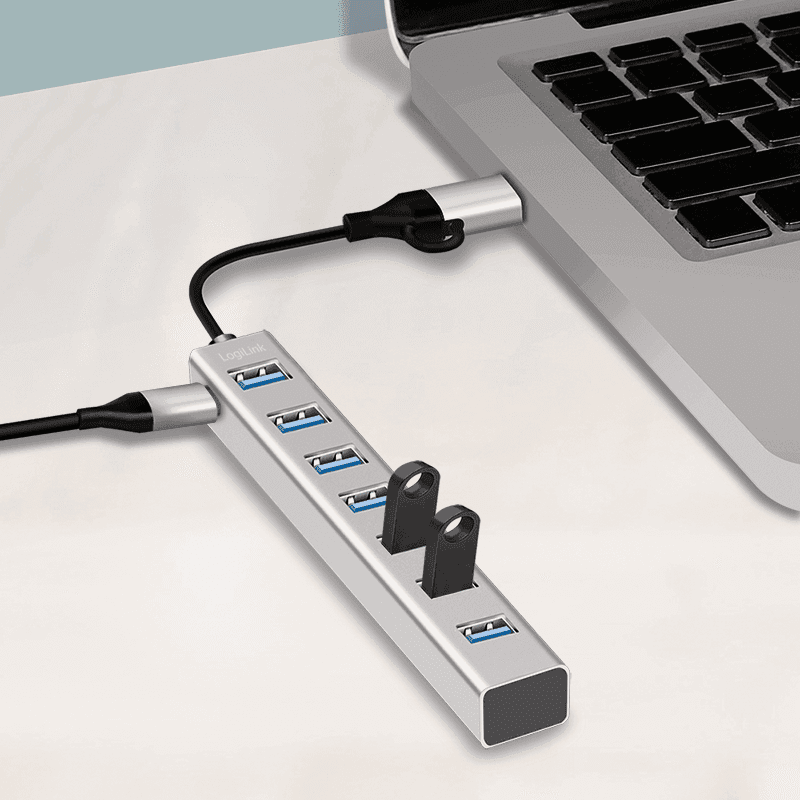 HUB extern LOGILINK, porturi USB: USB 3.0 x 7, conectare prin USB-C 3.0, adaptor conectare USB-A, metal, argintiu, "UA0441" — miniatură