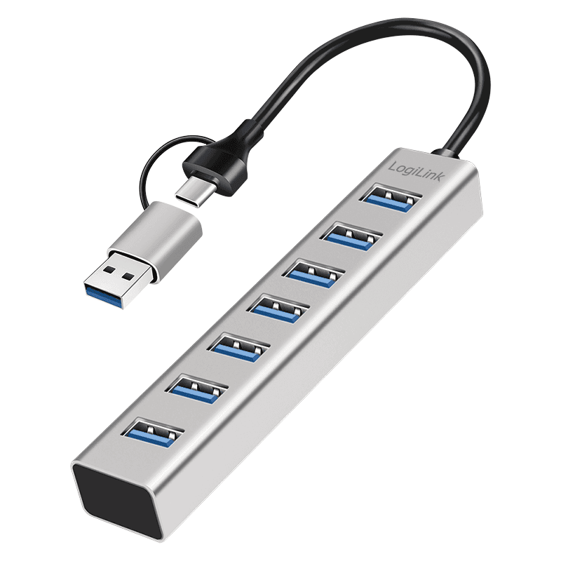 HUB extern LOGILINK, porturi USB: USB 3.0 x 7, conectare prin USB-C 3.0, adaptor conectare USB-A, metal, argintiu, "UA0441"