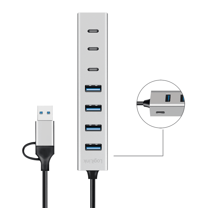 HUB extern LOGILINK, porturi USB: USB 3.0 x 4 + USB-C Type-C x 3, conectare prin USB-C 3.0, adaptor conectare USB-A, metal, argintiu, "UA0442" — miniatură