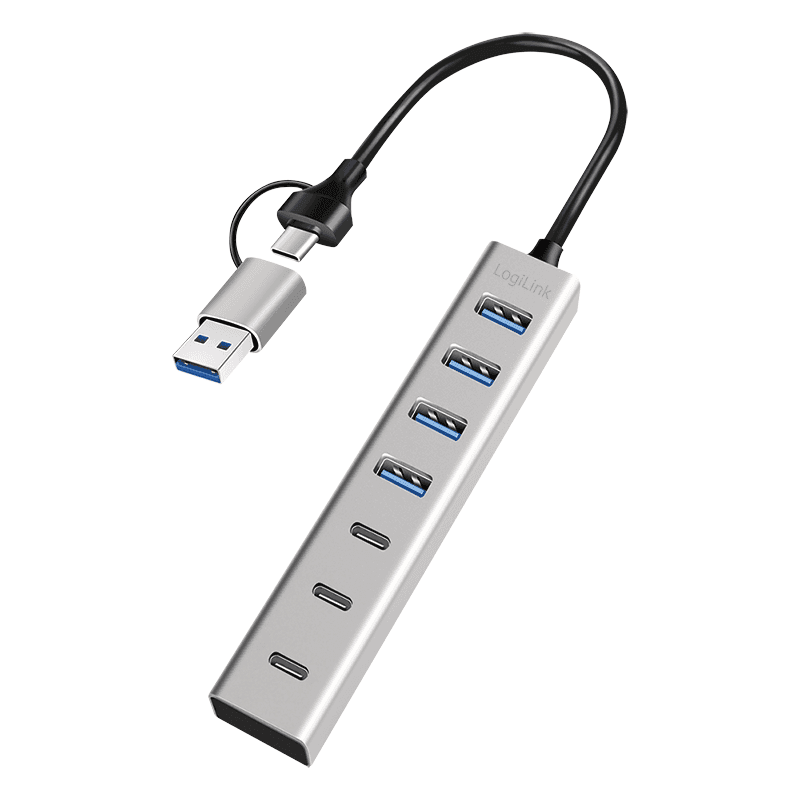 HUB extern LOGILINK, porturi USB: USB 3.0 x 4 + USB-C Type-C x 3, conectare prin USB-C 3.0, adaptor conectare USB-A, metal, argintiu, "UA0442" — miniatură