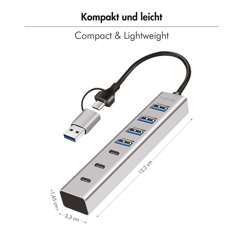 HUB extern LOGILINK, porturi USB: USB 3.0 x 4 + USB-C Type-C x 3, conectare prin USB-C 3.0, adaptor conectare USB-A, metal, argintiu, "UA0442"