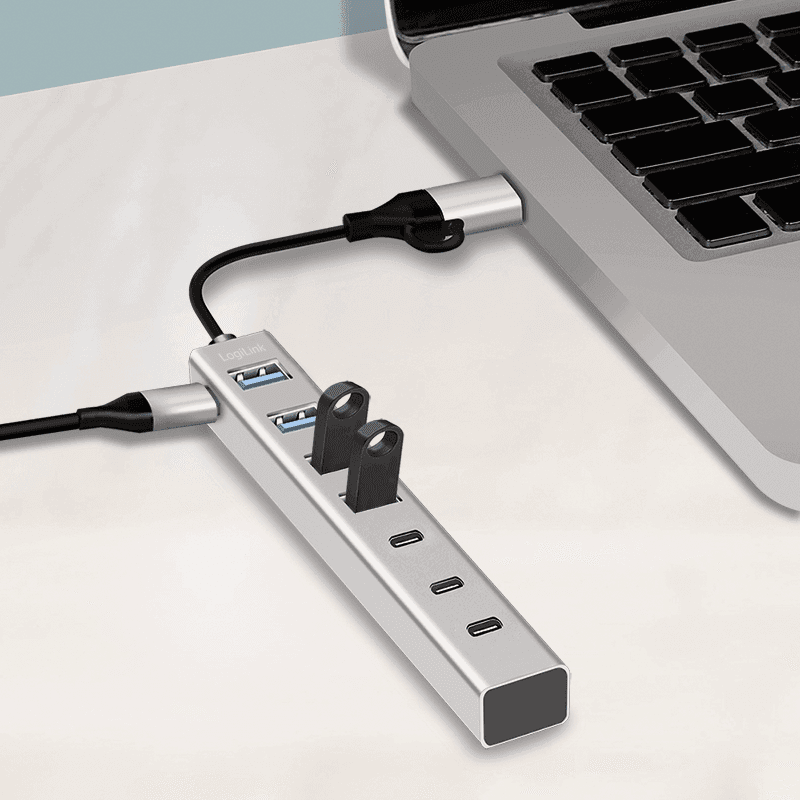 HUB extern LOGILINK, porturi USB: USB 3.0 x 4 + USB-C Type-C x 3, conectare prin USB-C 3.0, adaptor conectare USB-A, metal, argintiu, "UA0442" — miniatură