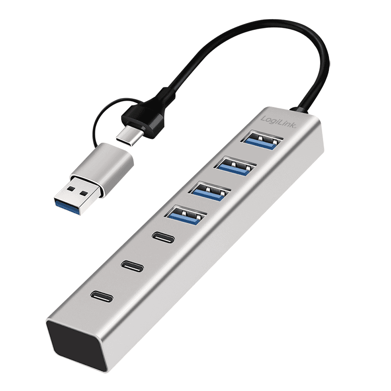 HUB extern LOGILINK, porturi USB: USB 3.0 x 4 + USB-C Type-C x 3, conectare prin USB-C 3.0, adaptor conectare USB-A, metal, argintiu, "UA0442" — miniatură