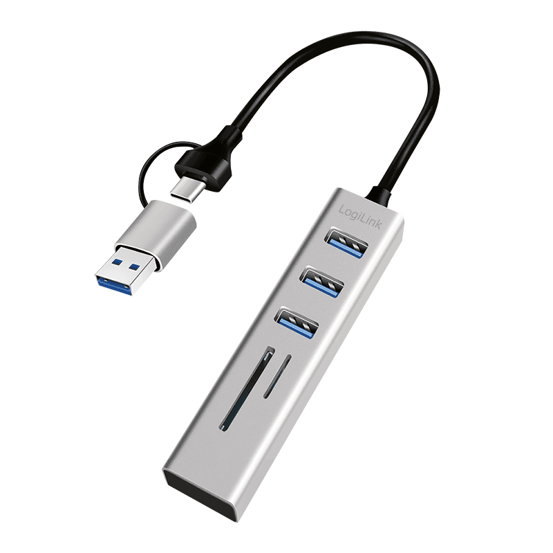 HUB extern LOGILINK, porturi USB: USB 3.0 x 3, conectare prin USB-C 3.0, adaptor conectare USB-A, SD/SDHC + microSD, metal, argintiu, "UA0445"
