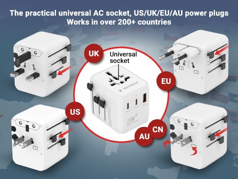ADAPTOR GEMBIRD, universal, conectori: US/UK/EU/AU, 2x USB Type-C PD 20W, 1x USB-A QC 18W, siguranta 10A, max. 2500W, alb, "TPA-1A2C20-01-W" — miniatură