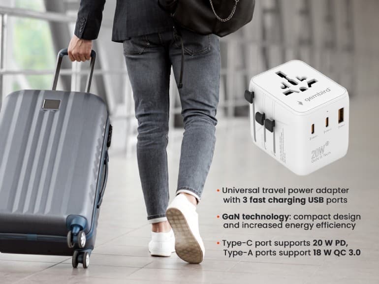 ADAPTOR GEMBIRD, universal, conectori: US/UK/EU/AU, 2x USB Type-C PD 20W, 1x USB-A QC 18W, siguranta 10A, max. 2500W, alb, "TPA-1A2C20-01-W" — miniatură