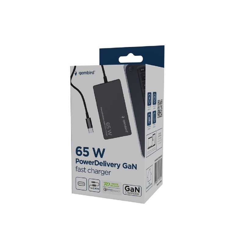 ALIMENTATOR Notebook Universal AC-DC, GEMBIRD, 65W - tensiuni 5V/9V/12V/15V/20V DC la 3.25 A max, protectie la supratensiuni, scurtcircuit, supraincalzire, supraincarcare, USB-C, negru, "NPA-AC-PDQC65-01" — miniatură