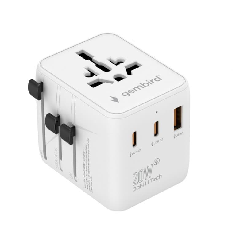 ADAPTOR GEMBIRD, universal, conectori: US/UK/EU/AU, 2x USB Type-C PD 20W, 1x USB-A QC 18W, siguranta 10A, max. 2500W, alb, "TPA-1A2C20-01-W" — miniatură