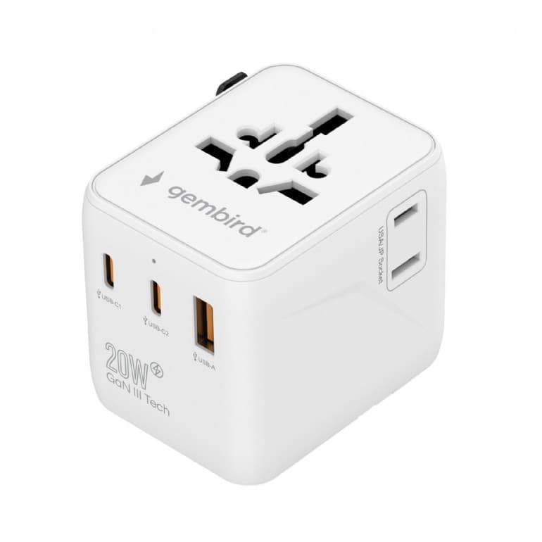 ADAPTOR GEMBIRD, universal, conectori: US/UK/EU/AU, 2x USB Type-C PD 20W, 1x USB-A QC 18W, siguranta 10A, max. 2500W, alb, "TPA-1A2C20-01-W"