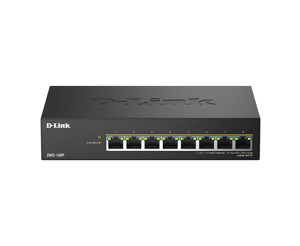 SWITCH D-Link 8 porturi 2.5G Multi-Gigabit Unmanaged PoE, IEEE 802.3af/at/bt PoE pana la 90W/port, 230W budget putere, carcasa metalica "DMS-108P"