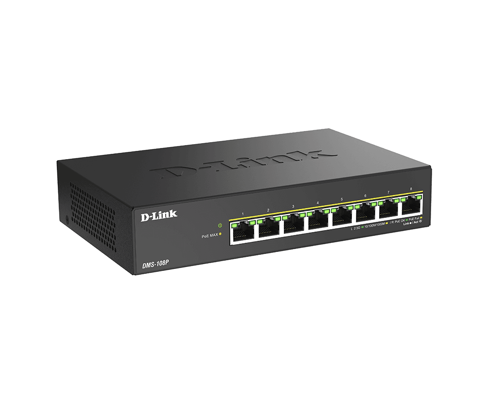 SWITCH D-Link 8 porturi 2.5G Multi-Gigabit Unmanaged PoE, IEEE 802.3af/at/bt PoE pana la 90W/port, 230W budget putere, carcasa metalica "DMS-108P" — miniatură