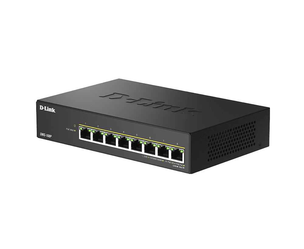 SWITCH D-Link 8 porturi 2.5G Multi-Gigabit Unmanaged PoE, IEEE 802.3af/at/bt PoE pana la 90W/port, 230W budget putere, carcasa metalica "DMS-108P" — miniatură