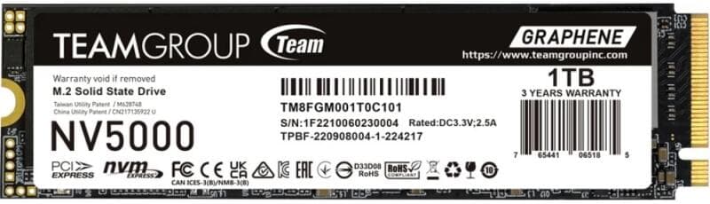 SSD TEAMGROUP NV5000, 1TB, PCIe Gen4x4 M.2 2280, 3D TLC NAND NVMe, R/W: 4500/1900 MB/s, "TM8FGM001T0C101"