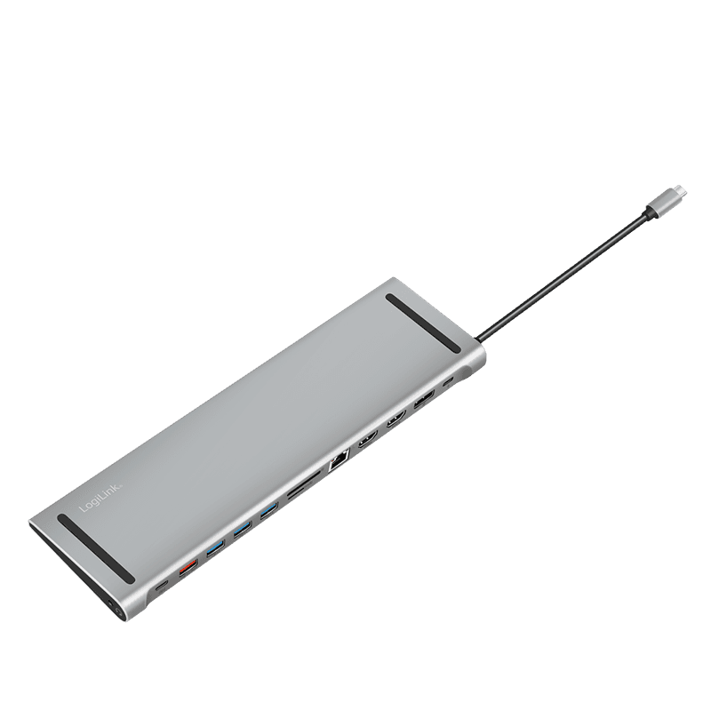 DOCKING Station LOGILINK universal, conectare PC USB TYPE-C 3.2, USB-C PD x 1, USB-C x 1, USB-A 3.0 x 3, porturi video DP x 1, HDMI x 2, RJ-45, 3.5mm x 1, card reader, PD 3.0 pana la 100W, argintiu, "UA0411" — miniatură