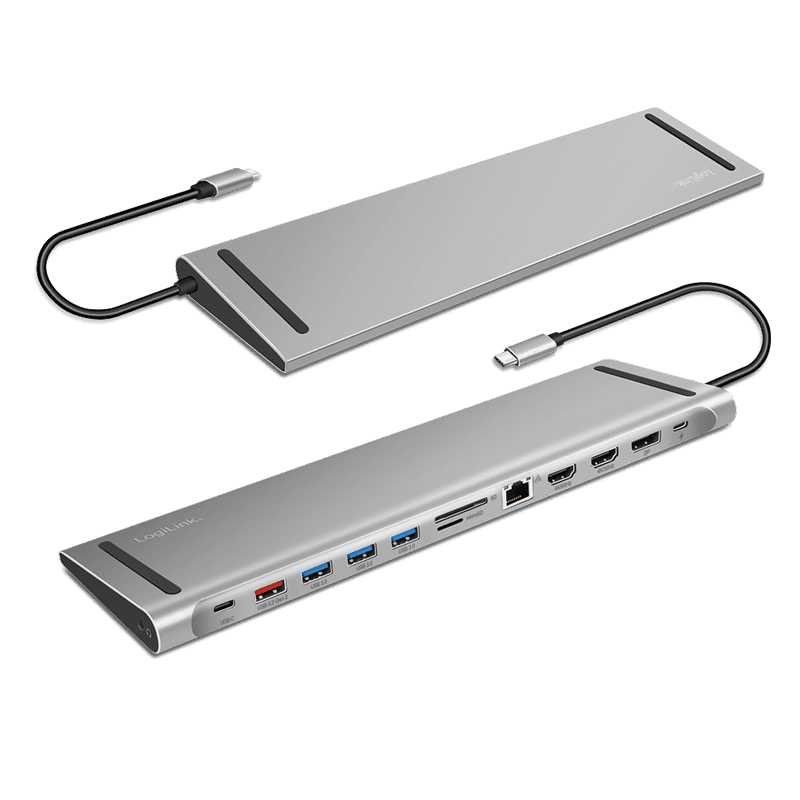 DOCKING Station LOGILINK universal, conectare PC USB TYPE-C 3.2, USB-C PD x 1, USB-C x 1, USB-A 3.0 x 3, porturi video DP x 1, HDMI x 2, RJ-45, 3.5mm x 1, card reader, PD 3.0 pana la 100W, argintiu, "UA0411" — miniatură
