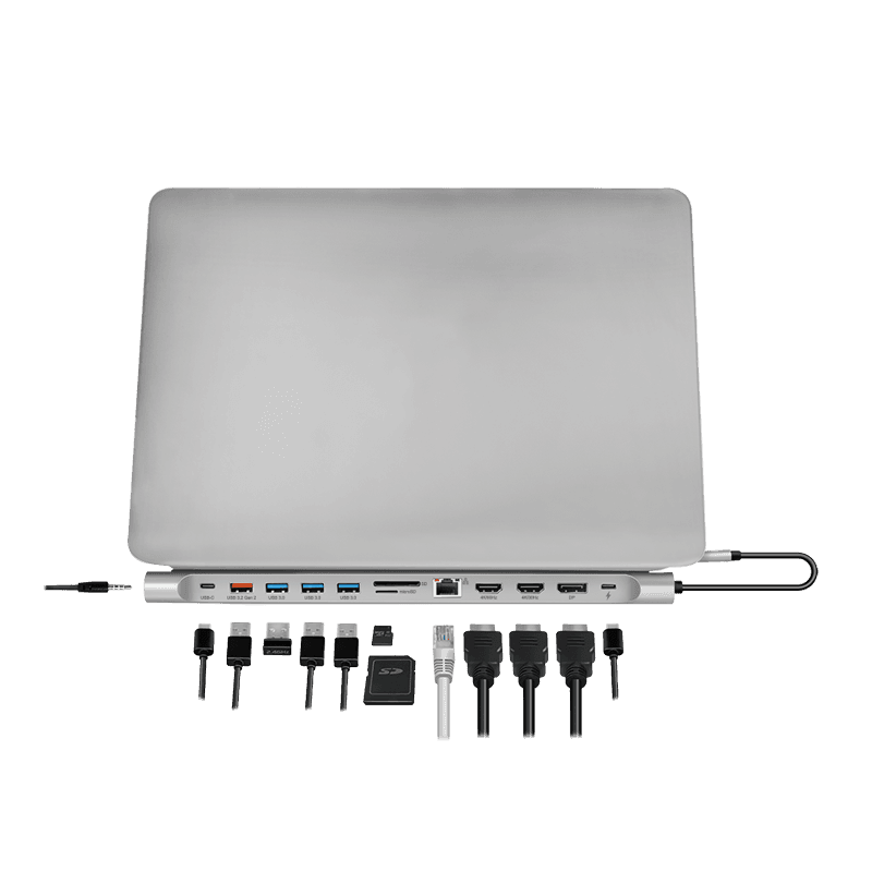 DOCKING Station LOGILINK universal, conectare PC USB TYPE-C 3.2, USB-C PD x 1, USB-C x 1, USB-A 3.0 x 3, porturi video DP x 1, HDMI x 2, RJ-45, 3.5mm x 1, card reader, PD 3.0 pana la 100W, argintiu, "UA0411" — miniatură