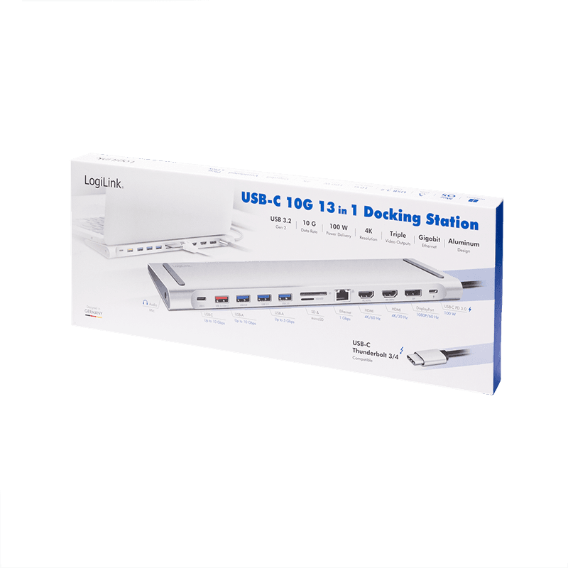 DOCKING Station LOGILINK universal, conectare PC USB TYPE-C 3.2, USB-C PD x 1, USB-C x 1, USB-A 3.0 x 3, porturi video DP x 1, HDMI x 2, RJ-45, 3.5mm x 1, card reader, PD 3.0 pana la 100W, argintiu, "UA0411" — miniatură