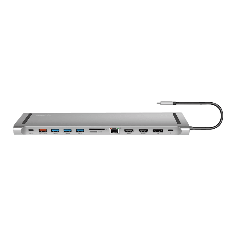 DOCKING Station LOGILINK universal, conectare PC USB TYPE-C 3.2, USB-C PD x 1, USB-C x 1, USB-A 3.0 x 3, porturi video DP x 1, HDMI x 2, RJ-45, 3.5mm x 1, card reader, PD 3.0 pana la 100W, argintiu, "UA0411"