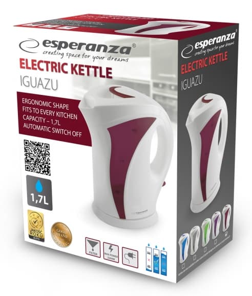 Fierbator electric Esperanza Iguazu EKK018R 2200W 1.7l Alb/Rosu "EKK018R" — miniatură