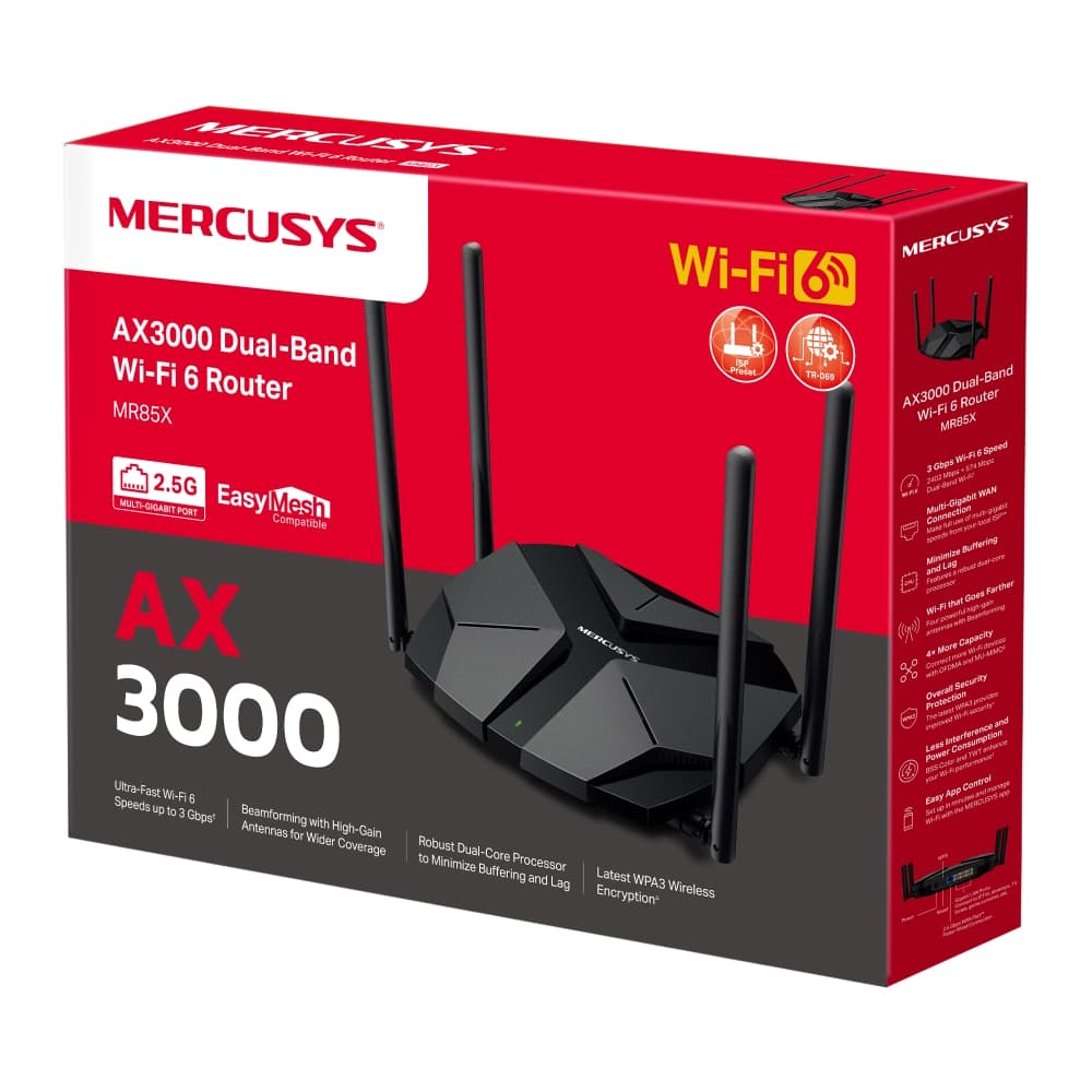 ROUTER MERCUSYS, AX3000, 1× 2.5 Gbps WAN port, 1× 2.5 Gbps LAN port si 3× GE LAN, dual band 2.4 / 5 Ghz, 4 x antene externe, "MR85X" — miniatură