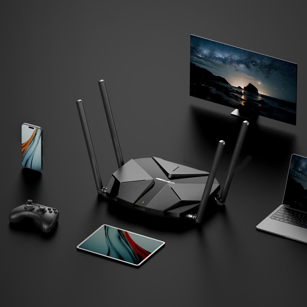 ROUTER MERCUSYS, AX3000, 1× 2.5 Gbps WAN port, 1× 2.5 Gbps LAN port si 3× GE LAN, dual band 2.4 / 5 Ghz, 4 x antene externe, "MR85X" — miniatură
